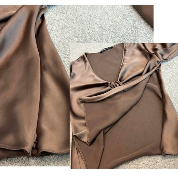 ZARA WOMAN CHOCOLATE BROWN SATIN BLOUSE SHIRT PEEP HOLE TIE BOW FLARE SLEEVE L - Picture 14 of 16